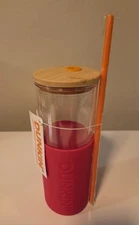 *NEW* Dunkin Donuts 24oz Tumbler Bamboo Lid Pink Silicone With Straw