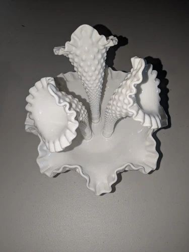 Vintage Fenton White Milk Glass Hobnail 3 Horn Trumpet Epergne Ruffle Edge Bowl