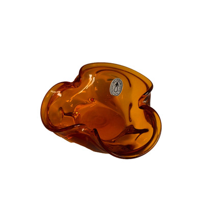 Vintage Pilgrim Glass Amber Orange Fold-Over Rim Bowl 3-Lobed w/ Sticker
