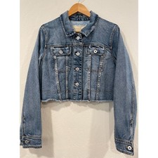 Pilcro Lg Jean Jacket Cropped Denim Anthropologie Blue Raw Edge Stretch Large