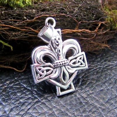 Solid 925 Sterling Silver Celtic Cross Fleur De Lis Pendant - Gothic Jewelry