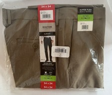 Kenneth Cole Reaction Pants Mens 34X34 TAN SLIM Flat Front Super Flex Waistband