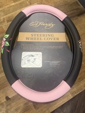 Ed Hardy Steering Wheel Cover Pink And Black Rose And Tiger 14.5x15.5