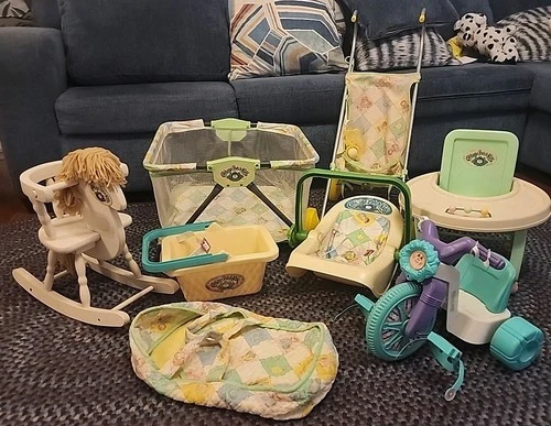 8 Vtg Cabbage Patch Toys- Playpen Bike Stroller Walker Horse Basket Carriers