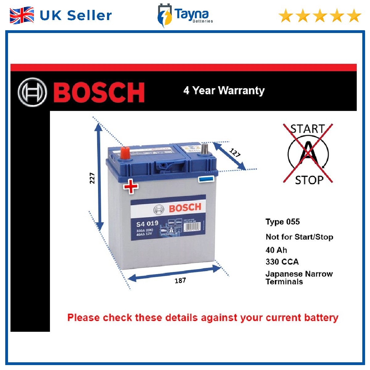 Battery fits RELIANT FOX ROBIN RIALTO 73 to 02 Bosch 055 330A 40Ah 4Yr Warranty