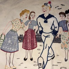 Vintage German Folk Art Embroidered Pillowcase/Wall HangingMECKI WAS A SAILOR 