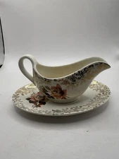 Vintage Lord Nelson Pottery Gravy Boat And Saucer Floral Gold Guild Made England