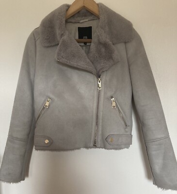 River Island Women's Grey Suede And Faux Fur Biker Jacket UK - Main Image