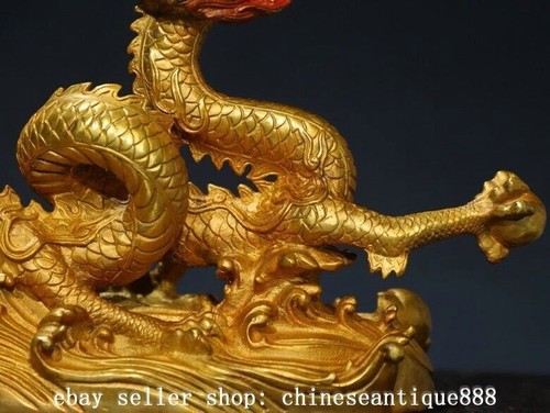 15.3"Ancient Chinese Bronze Gilt Fengshui 12 Zodiac Year Dragon Statue Sculpture - Picture 8 of 9