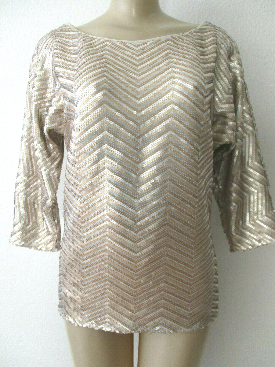 White House Black Market Sequin Embellished Top Silver Gold 3/4 Sleeve M  NEW | eBay