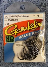 25 Pack Gamakatsu 75410-25 Size 1 Octopus (Barbless) Hooks Ultrasharp NEW!