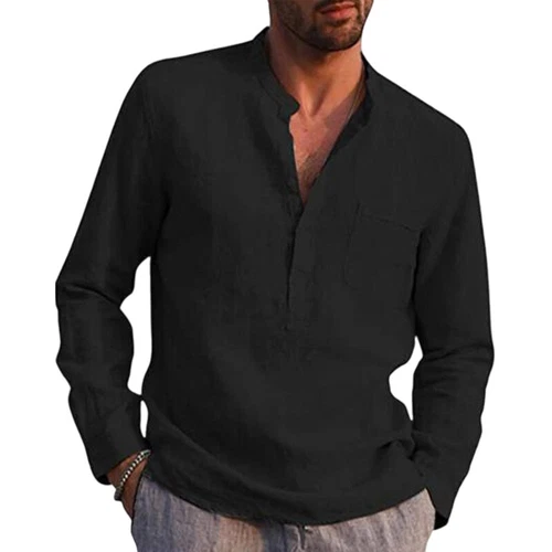 T-shirt uomo manica lunga cotone lino casual tinta unita bottoni scollo a V - Foto 5 di 25