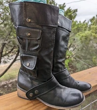 MEDICI Italy Black Leather BOOTS Sz 37 Moto Cargo Pocket Accent Butter Soft