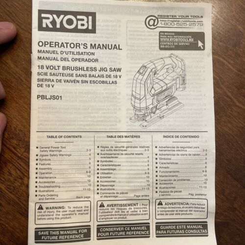 Ryobi Brushless Jig Saw Operator's User Manual PBLJS01 Instructions Only - Picture 1 of 4