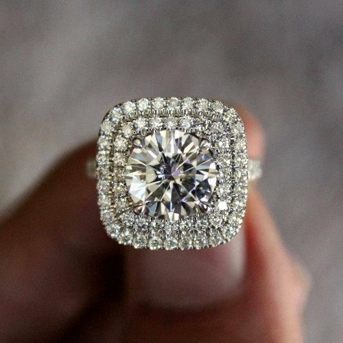 Bague Fiançailles Simulée Diamant 5 Carats Or Blanc 14K - Taille Ronde - Tailles 4 à 12 US