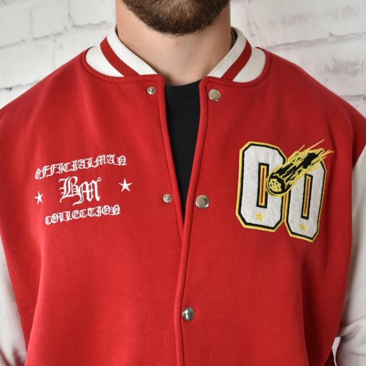 BoohooMAN Plus Red and White Cotton Jersey Bomber Varsity Jacket with Badges