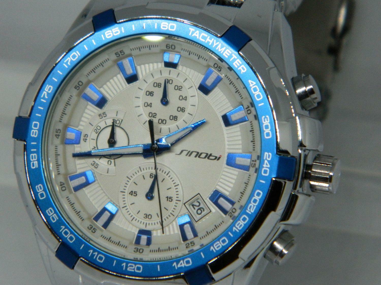 Sinobi Men's 1/10th Chronograph, PVD Bracelet watch, Date White/ Blue Dial.