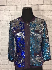Michael Simon Jacket Top Party Cocktail Mermaid Sequins Zipper Petite Small PS