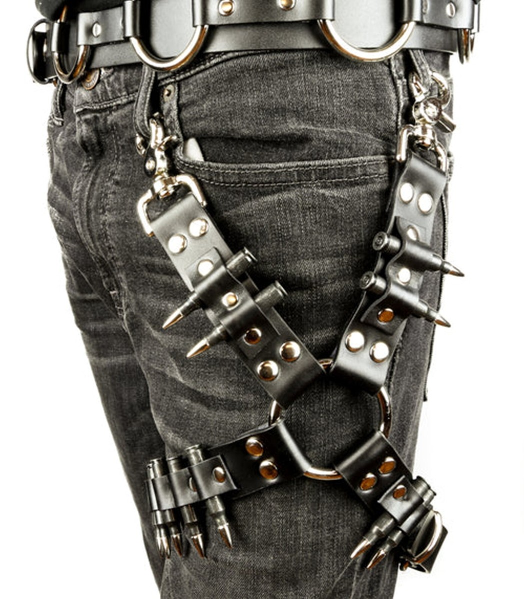 Black Leather w/ Bullets & O-Rings Leg Harness Goth Punk Emo Metal