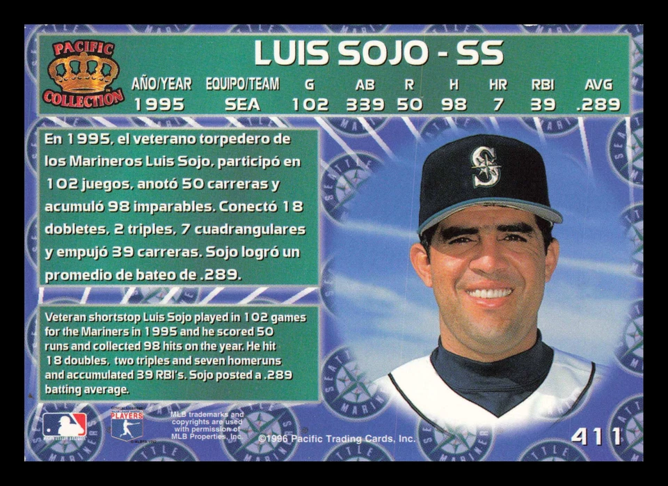 Luis Sojo #411 1996 Pacific Crown Collection Seattle Mariners - Image 2 of 2