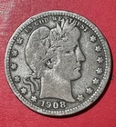 1908D US Barber SILVER Quarter "Denver" Mint! VG+! Old US Coin!