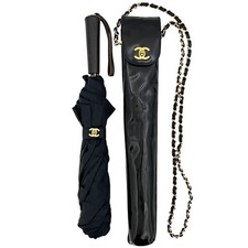 CHANEL Folding Umbrella  Chain Shoulder Case Gold Logo Umbrella Nylon Black