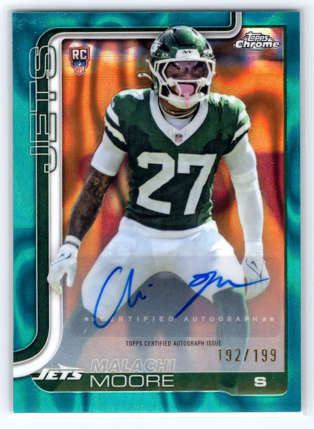 Malachi Moore 2025 Topps Chrome Aqua Lava Refractor Rookie Auto! 192/199! Jets