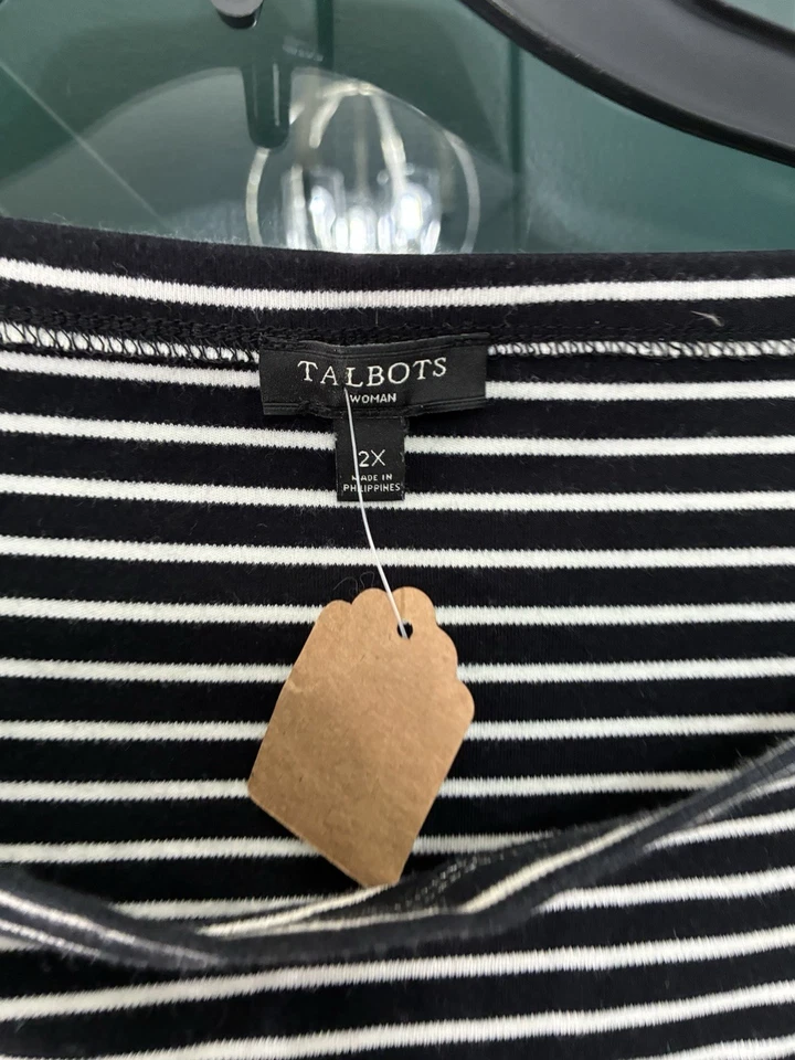 Top de manga corta Talbots negro blanco a rayas cuello barco para mujer - talla 2X Foto 3 de 3