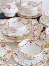 Antique Cauldon tea set items, roses & forget-me-not swags, c.1904+, cabinet cup