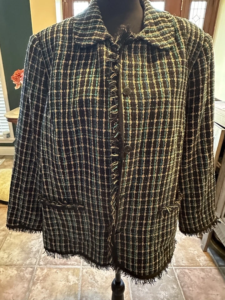 Chaqueta Blazer Ruby Rd Mujer Negra Tostada Verde Azulado Tweed Boucle Forrada con Flecos W20 Foto 4 de 4