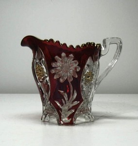 EAPG ** RUBY AND CLEAR CREAM =  PITCHER 1890'S = RED SUNFLOWER/NEAR CUT DAISY.