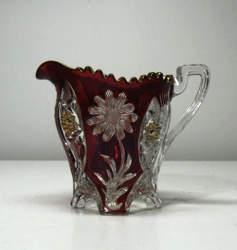 EAPG ** RUBY AND CLEAR CREAM =  PITCHER 1890'S = RED SUNFLOWER/NEAR CUT DAISY.