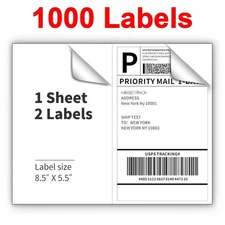 1000 Half Sheet 8.5" x 5.5" Shipping Labels Self Adhesive Address Mailing Labels