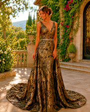 Terani Couture Black Gold Brocade Mermaid Gown Beaded Waist Shoulder Scarf