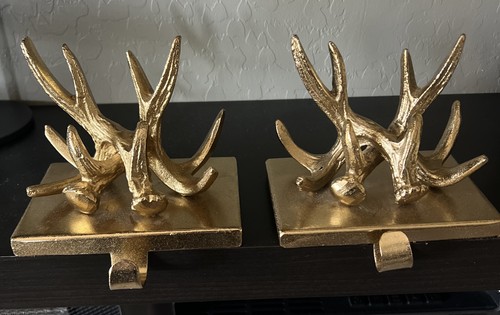 Set Of 2 Gold Tone Heavy Metal(Brass?) Target Antler Stocking Holder(6.25X5X4)
