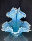 STUNNING! VTG FENTON Aqua Blue Opalescent Diamond Lace Glass 3 Horn Epergne 11”