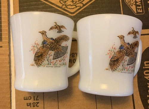 Set of 2 Vintage FIRE KING Glass Ruffled Grouse Wildlife Coffee Mugs Cups USA