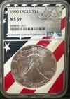 1990 $1 AMERICAN SILVER EAGLE NGC MS69 USA FLAG CORE HOLDER