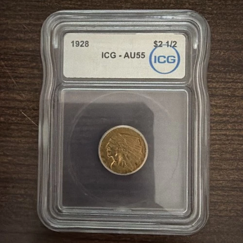 1928 Icg-au55 Indian Head $2 1/2 Gold Coin