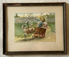 Antique  BESSIE PEASE GUTMANN “A Joy Ride" Goat Childeren Cart  Framed Print