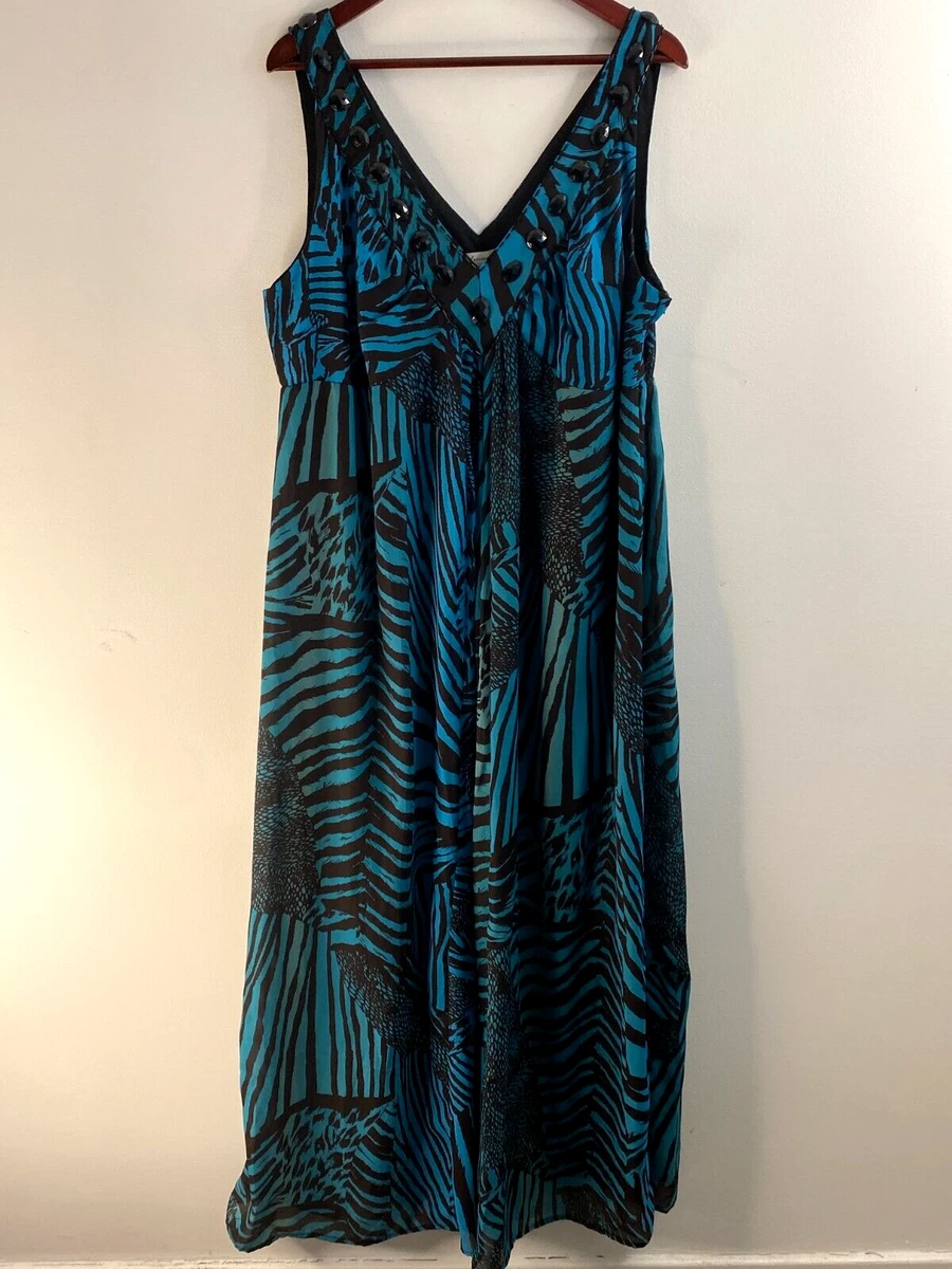 Autograph Maxi Dress Plus Size 16 Blue Black Beaded Sleeve V Neck Flowy Comfy