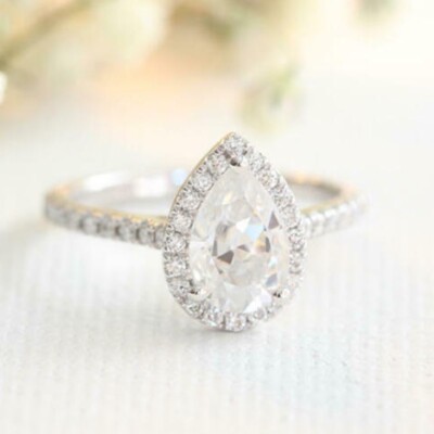 2.50 Ct Pear Shape Diamond Halo Engagement Wedding Ring 14K White Gold Finish