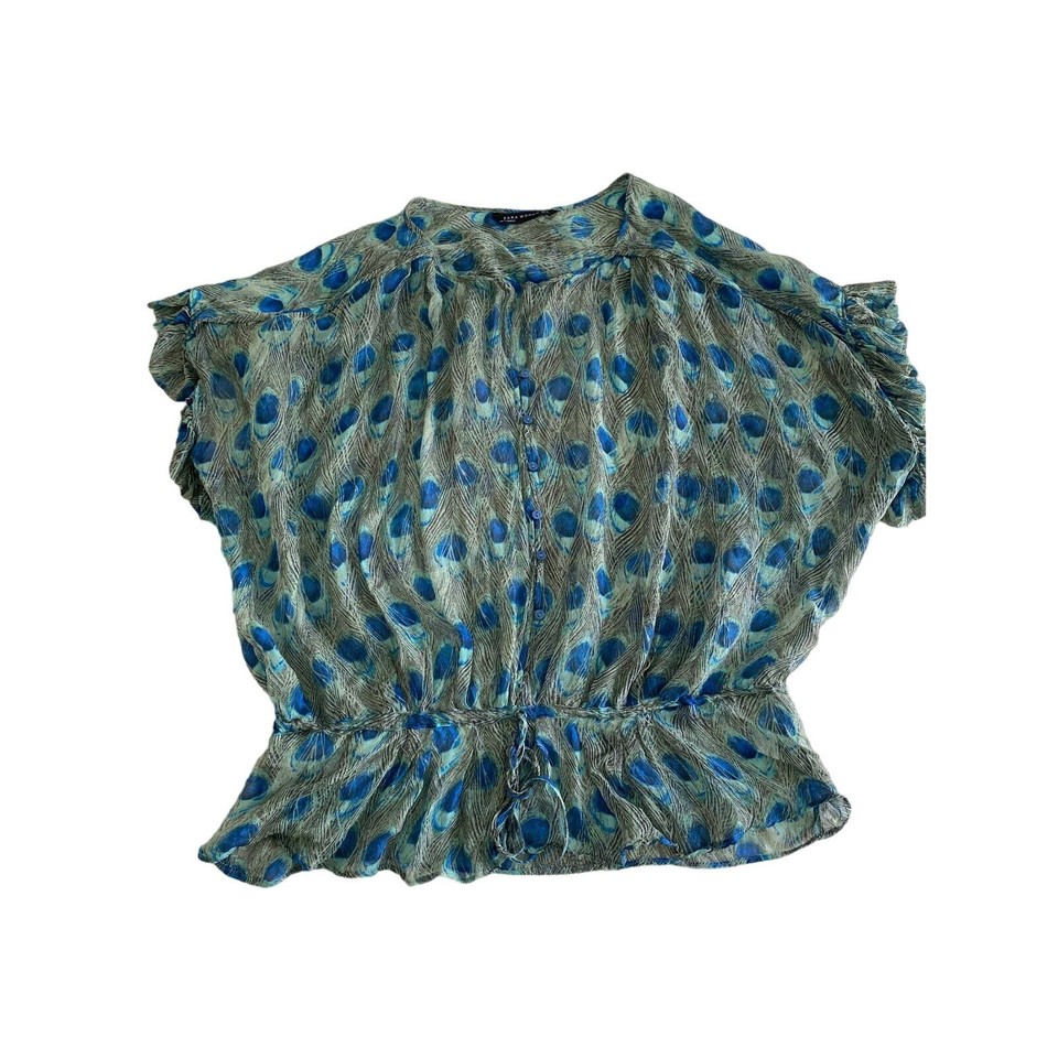 Zara Woman Silk Sheer Peacock Feather Blouse Flutter Ruffle Sleeve Sz S