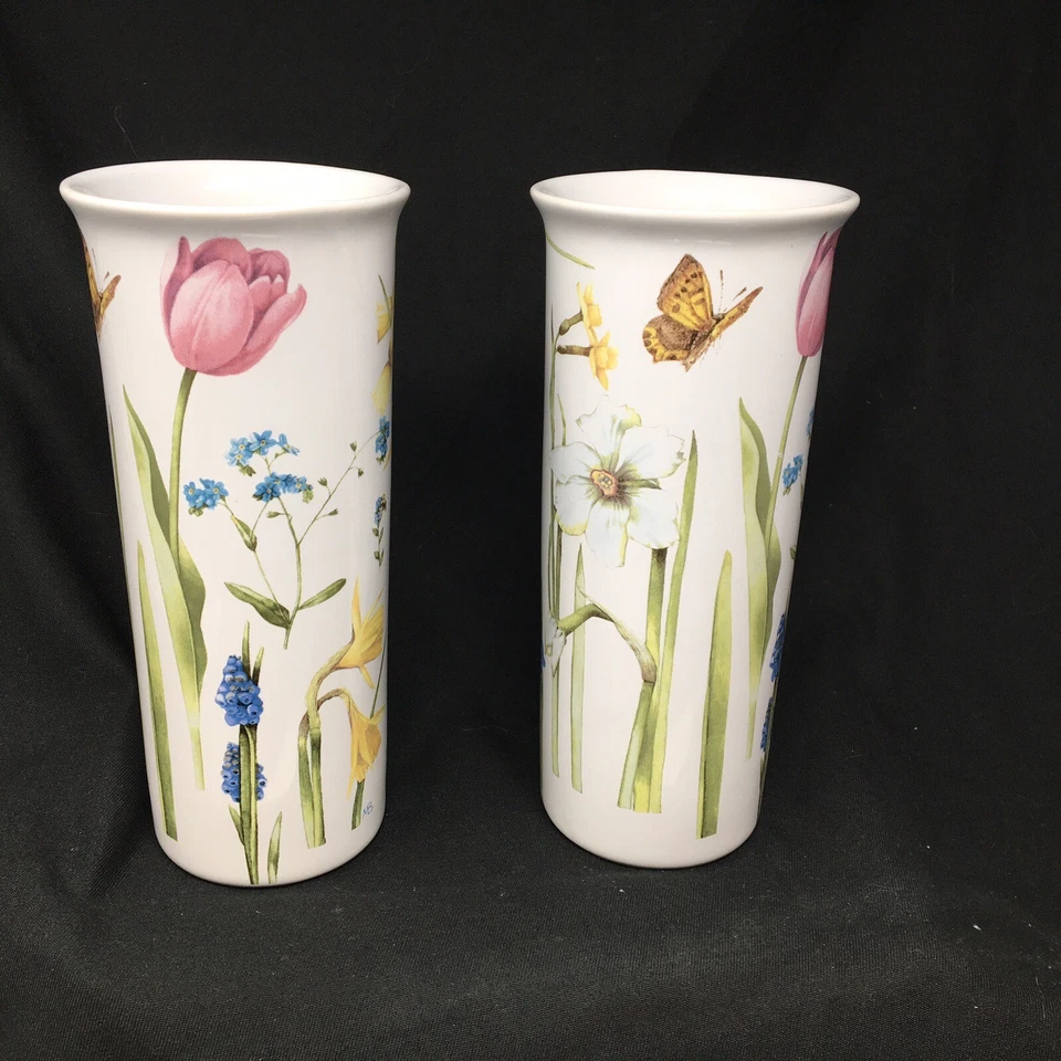 Par de jarrones de flores de cerámica con sello Marjolein Bastin 1996 tulipanes jacinto Daff Foto 3 de 4