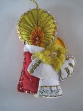 Bead Sequin Candle Angel Ornament Vintage Granny Core Red White  4"