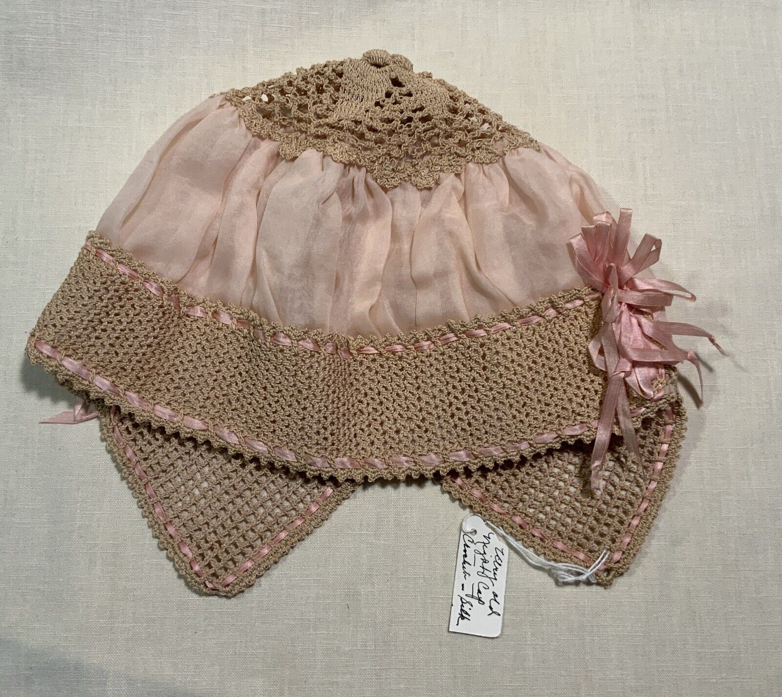 Antique Victorian Pink Silk Beige Crochet Night C… - image 9