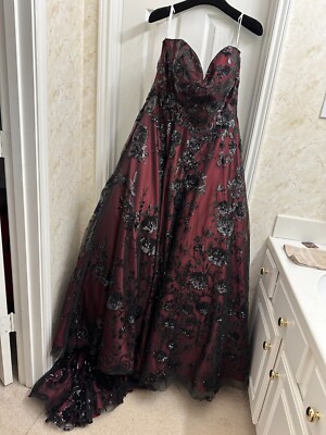 Ashley and Justin burgundy ballgown with black tulle overlay size - Main Image