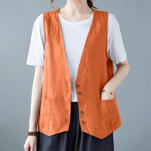 Mujeres Algodón Lino Sin Mangas Chaleco Abrigo Damas Botones Chaleco Informal Camiseta sin Mangas - Imagen 7 de 45