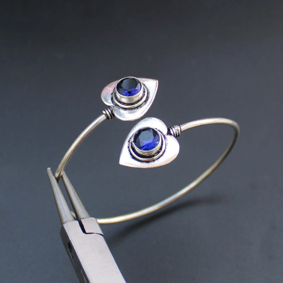 Brazalete Brazalete Zafiro Azul Brazalete Chapado en Plata 925 Joyería 2.5" Foto 4 de 4