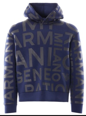 Emporio Armani All-over Logo Hooded Sweatshirt Blue , Style#7V1ML01JPOZ, Size:XL